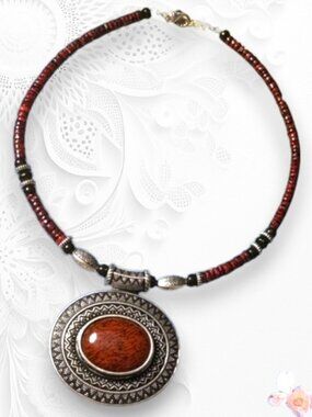 Artisan Boho Etched Silver Pendant Necklace with Faux Wood Center 225LLB